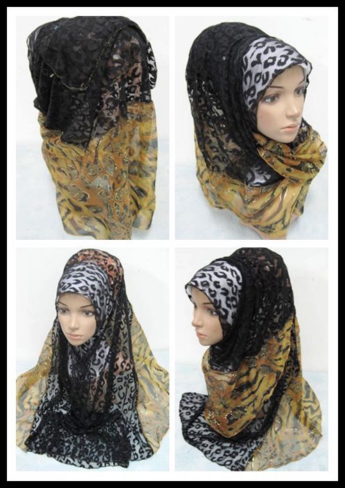 New Lace Leopard Chiffon Patchwork Big Muslim Long Scarf Hijab Islamic Shawls