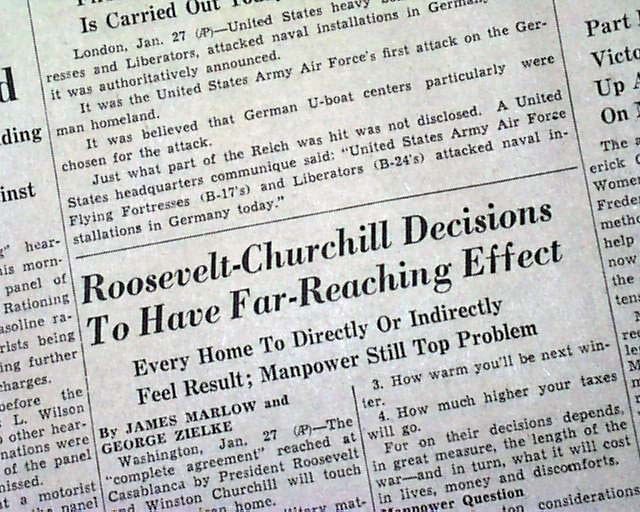 CASABLANCA CONFERENCE Franklin D. Roosevelt CHURCHILL1943 World War II Newspaper