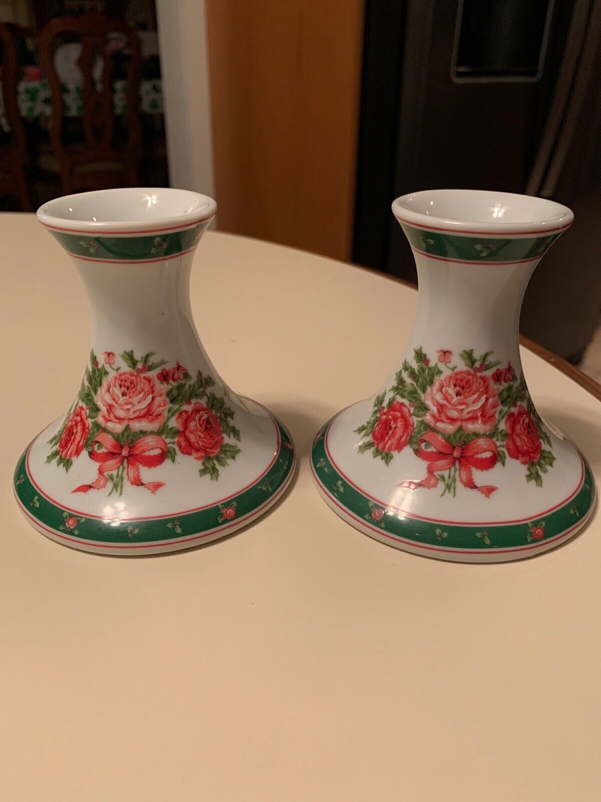 1990 Lefton Holly Berry Leaves Pink Red Flowers Candle Holders Candlesticks S/2 