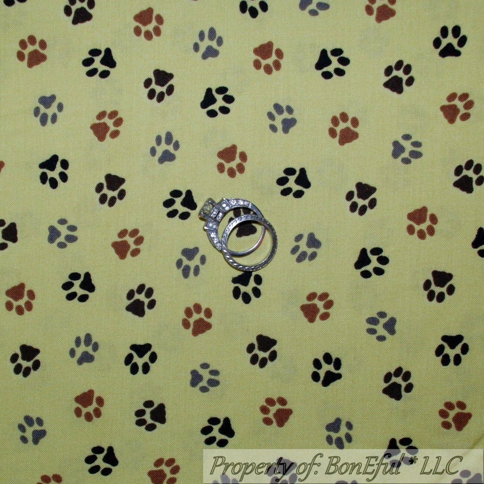 BonEful Fabric Cotton Quilt VTG Green Black Brown Animal Cat Dog PAW Print SCRAP
