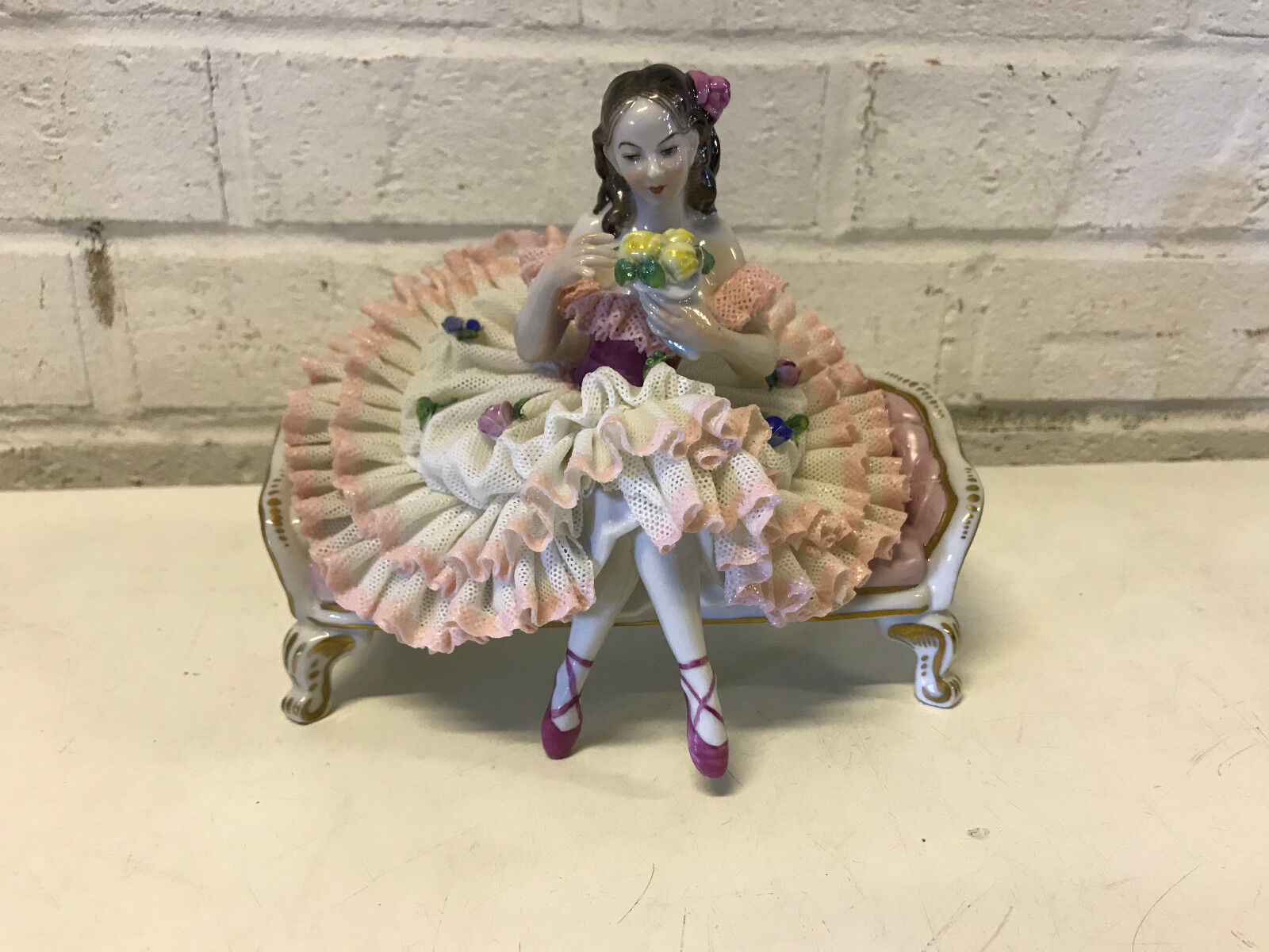 Vintage German Volkstedt Porcelain Lace Figurine Ballerina Dancer w/ Flowers