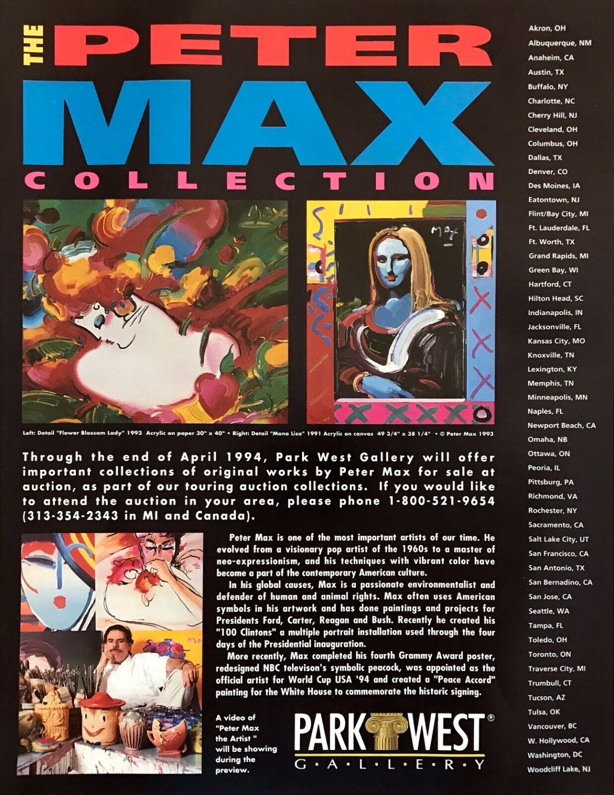 1994 The Peter Max Art Collection Auction Park West Gallery vintage print ad