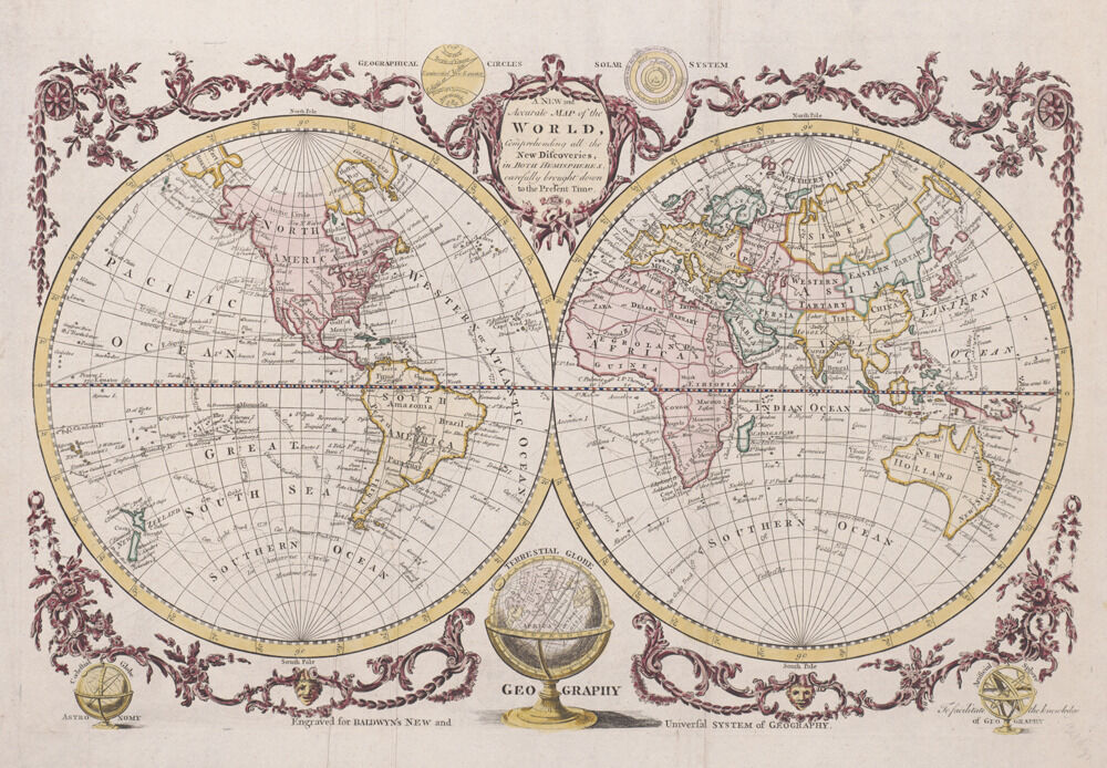 Beautiful Vintage Old World Map 1782 CANVAS PRINT A3 Baldwyn Poster