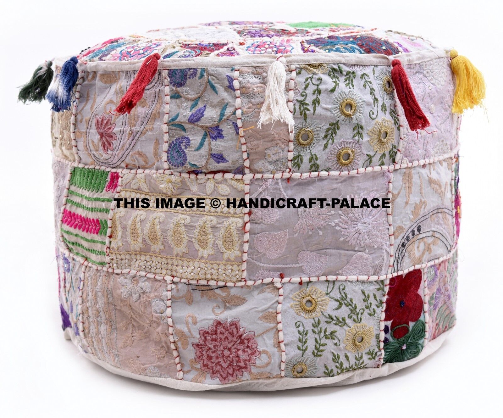 Bohemian Patch Work Ottoman CoverTraditional Vintage Indian Pouf Round Footstool