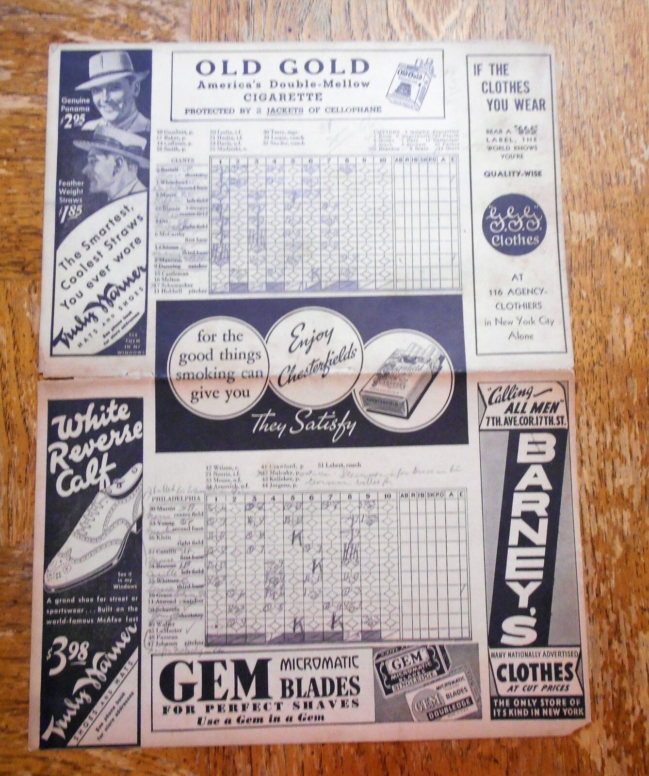 Early Baseball Scorecard 1934 Giants/Philade Mel Ott Joe Klein
