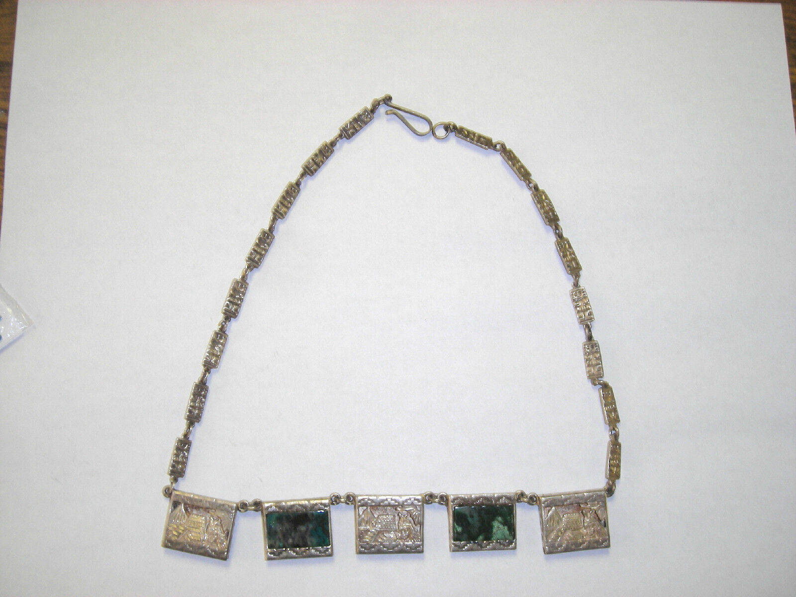 Vintage Aztec Mayan Mexico Sterling Necklace with Inlaid Stone Necklace 