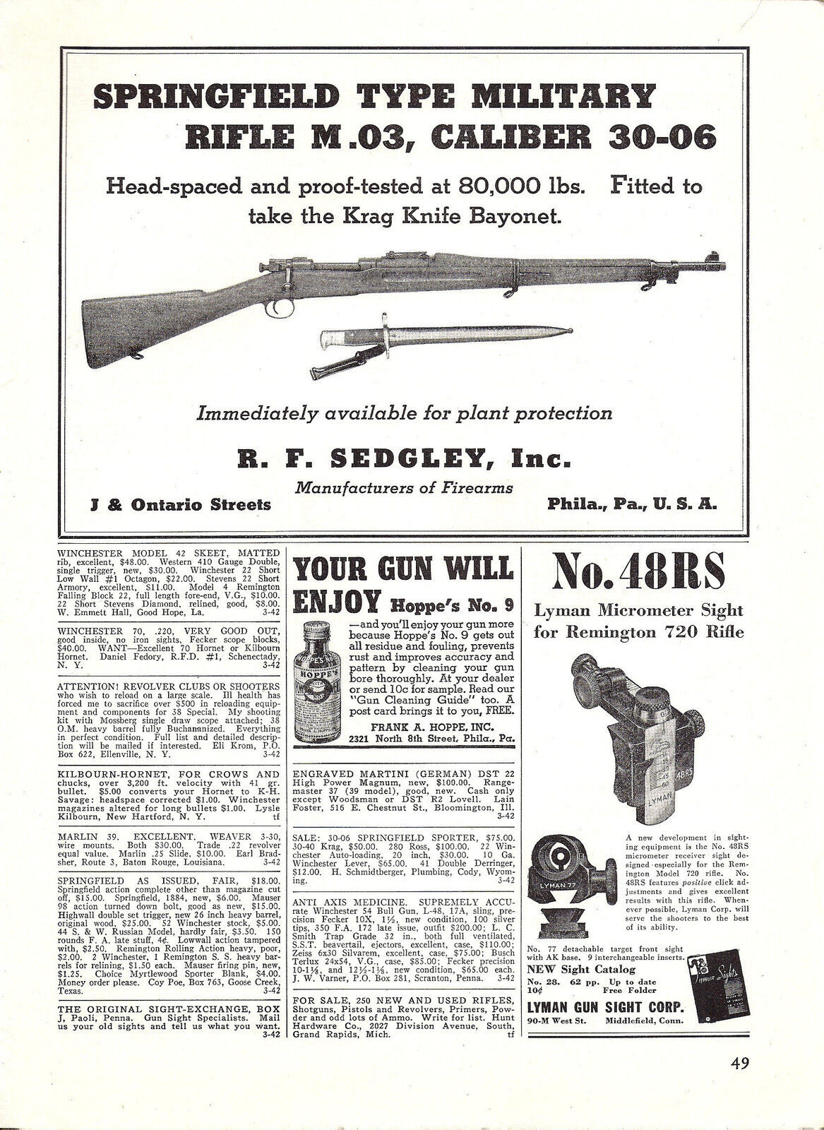 1942 WW II Springfield Type Military Rifle M.03 30-06 Rifle WWII WW2 PRINT AD