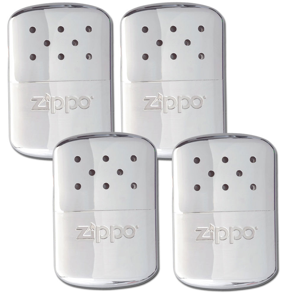 Zippo Set of 4 Chrome Refillable Deluxe Hand Warmers with Fill Cup & Warming Bag