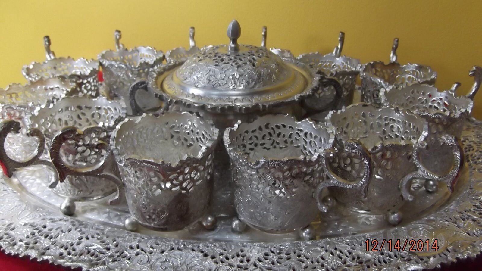HAND CRAFTED  PERSIAN STERLING SILVER 90  TEA SET 14 PICECE .MARKED 90-NAVAEA