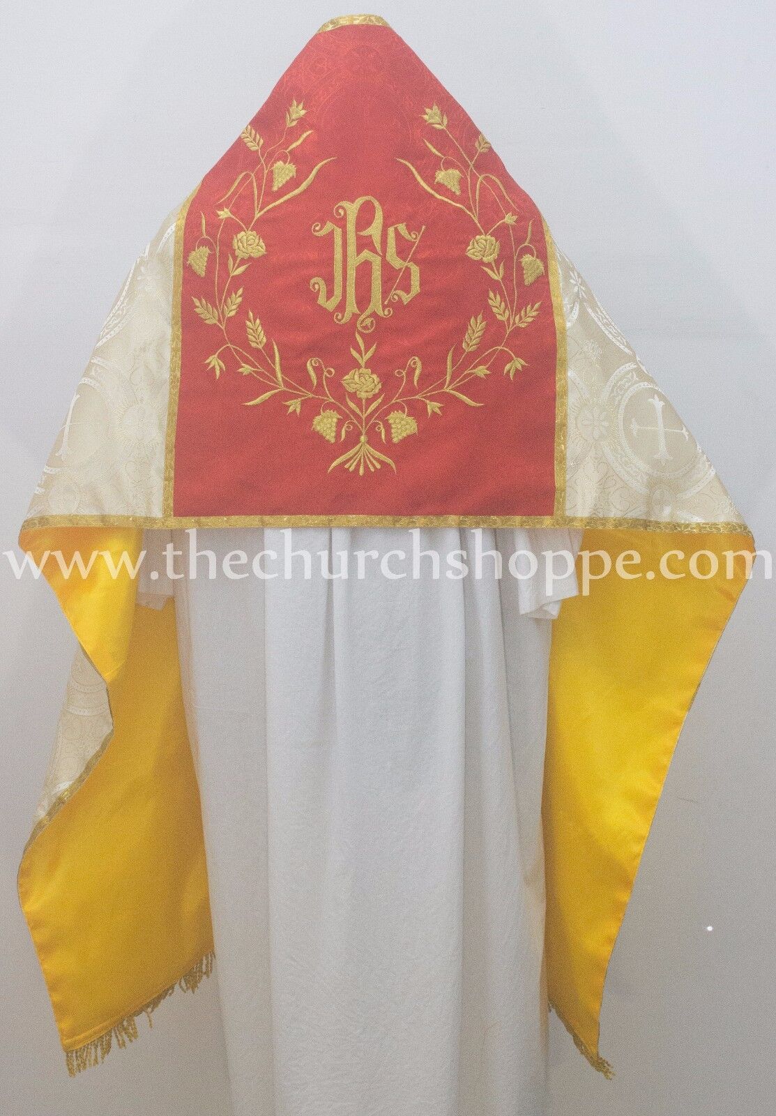 Gold with Red Humeral Veil with IHS embroidery,voile huméral,velo omerale, New