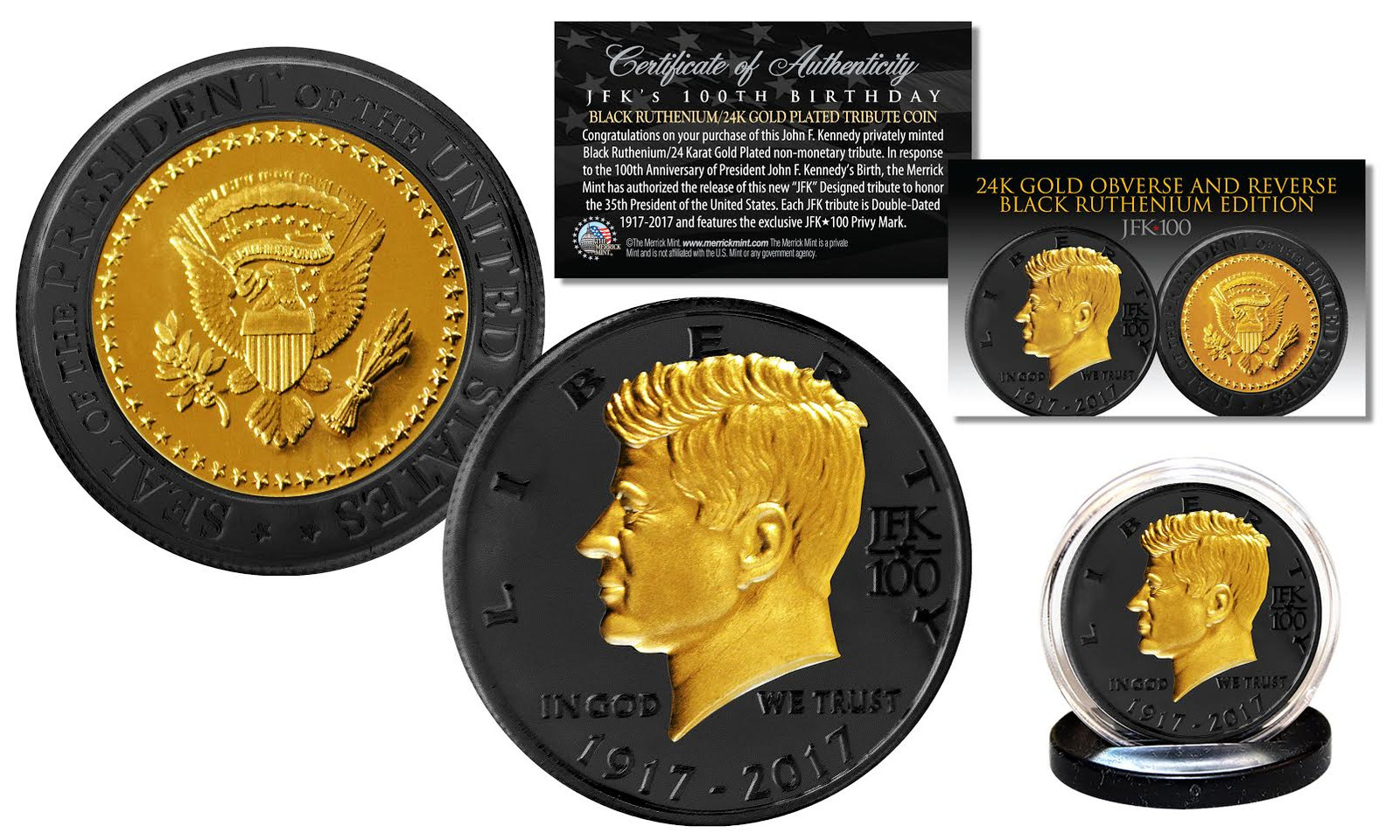 JFK 35th President 100th BDAY CELEBRATION Black Ruthenium & Gold Tribute Coin