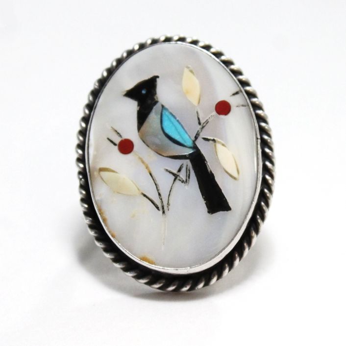 Vintage Zuni Sterling Silver Multi Stone Inlaid Bird Ring Size 6
