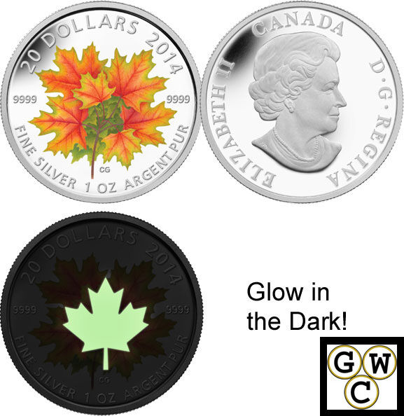 2014 Glow-in-the-dark Maple Leaves Colored Proof $20 Silver Coin .9999 (14075)NT