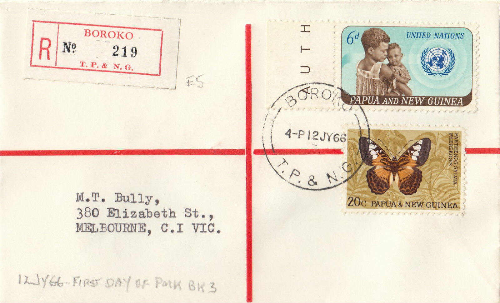 Stamps Papua New Guinea 1966 on cover sent registered BOROKO type 3 time wheel