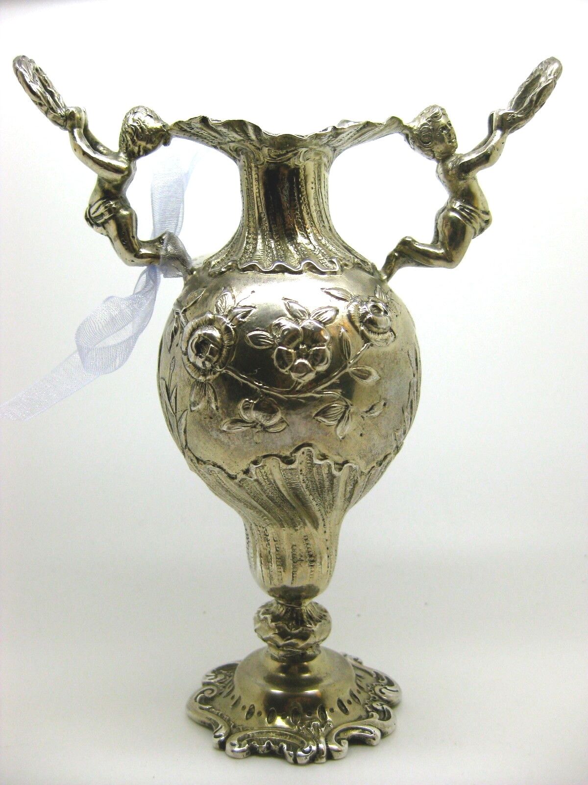 800 Silver ~ CHERUB HANDLED VASE ~ Repousse Floral Detail