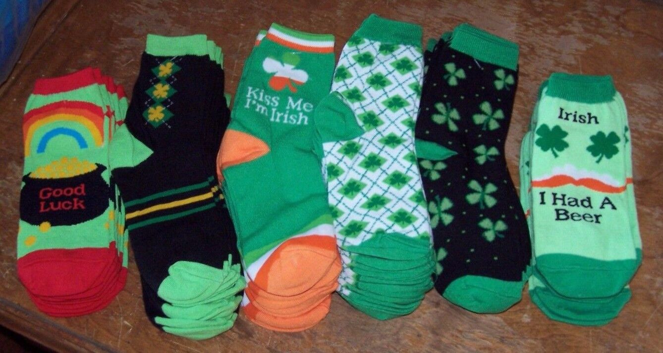 Lot of 36 Pair Irish St Patrick\'s Shamrock socks Pot O Gold Beer Rainbow Green 