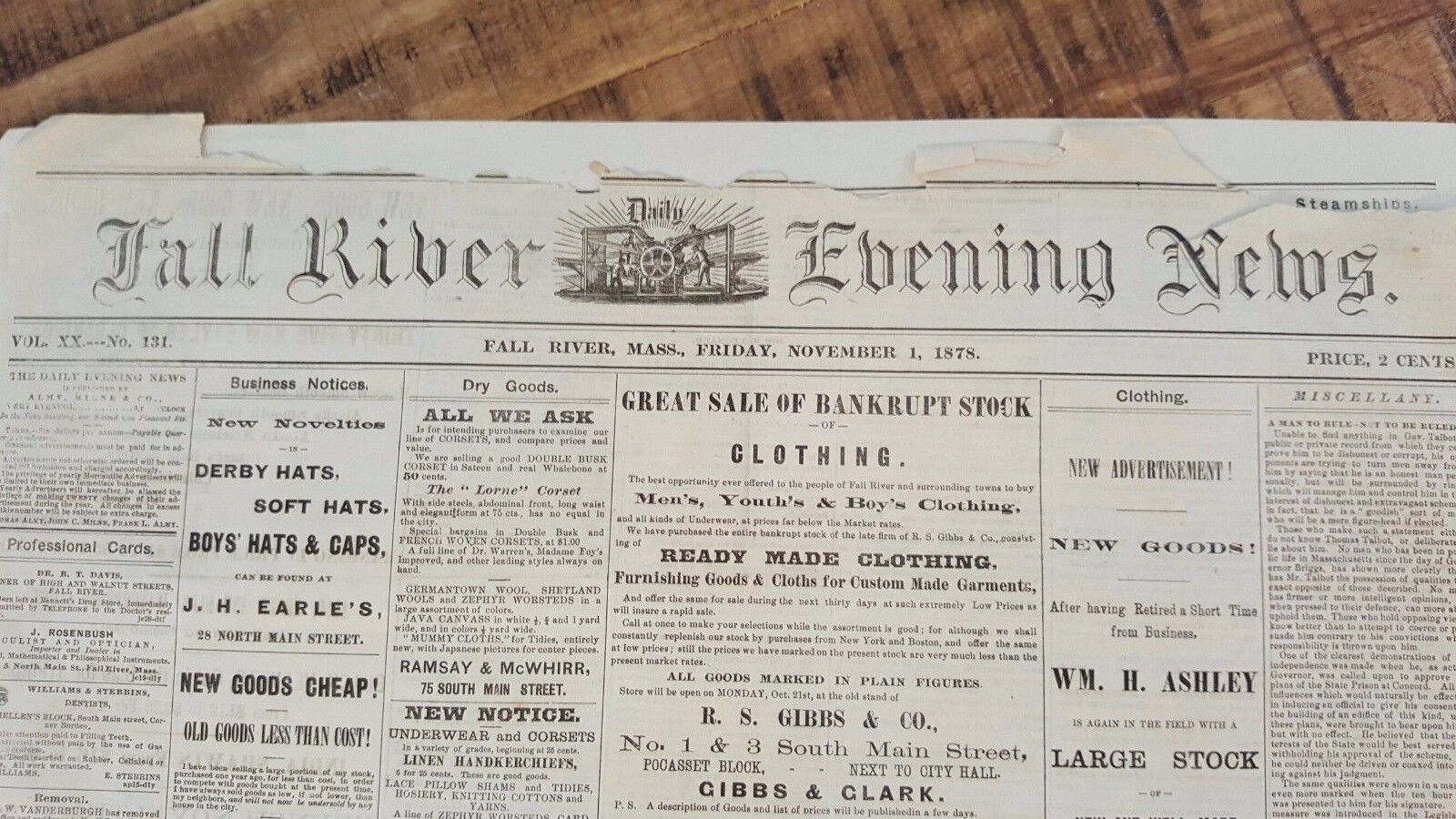 HISTORIC November 1, 1878 Newspaper - Fall River Evening News / Massachusetts