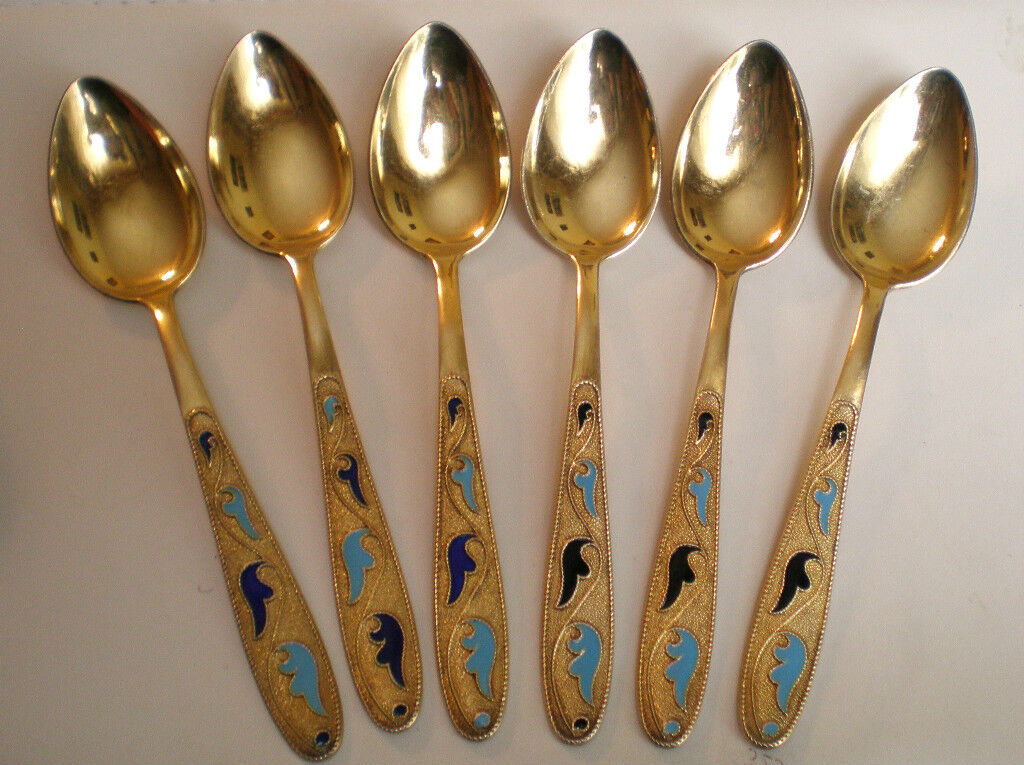Russian Russia 875 Gilded Silver Enamel Tea Coffee Spoons Spoon Set Of 6 91.4 g.