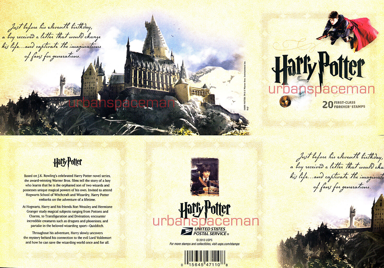 4825-44 Harry Potter Imperforate Booklet of 20 Stamps fr Press Sheet No Die Cuts