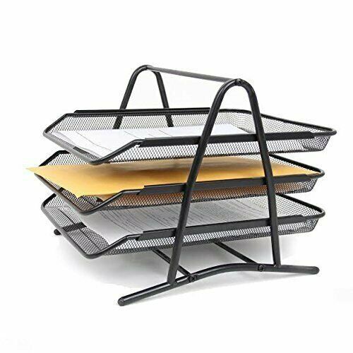 3 Tier Black Mesh Steel Paper Sliding Tray, Stackable Letter Size Organizer Tray