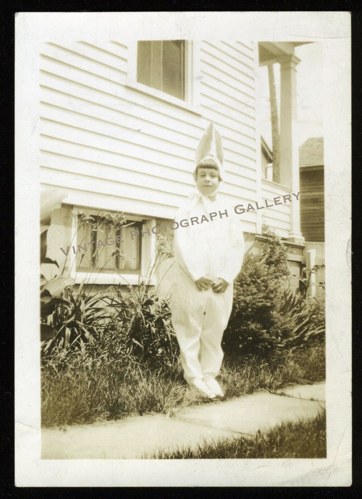 Antique Snapshot Photo Child Boy In Easter Bunny Rabbit Costume 1920\'s 30\'s 