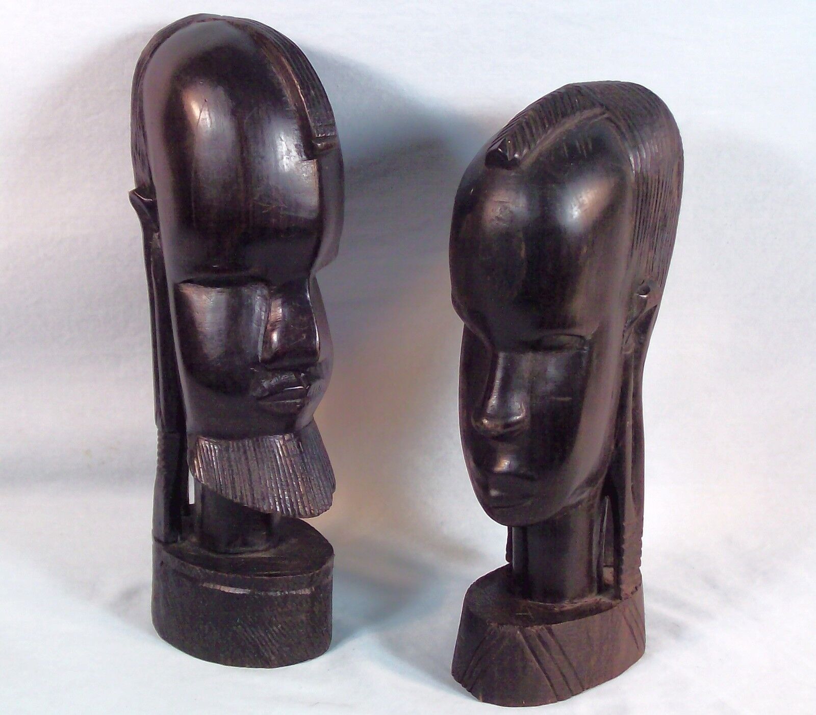 Pair African Carved Wood Busts Black Heavy Wood Unique Male Female