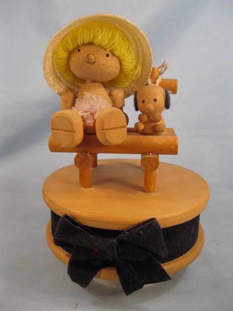 Girl & Dog in Chair Music Box Wooden Vintage Unknown Maker (O)