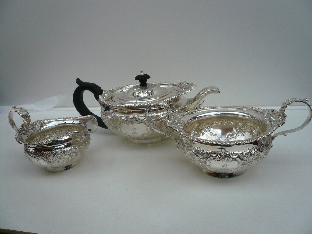 Silver Tea Set, Sterling, Antique, 3 Piece, English, Teapot, Hallmarked 1901