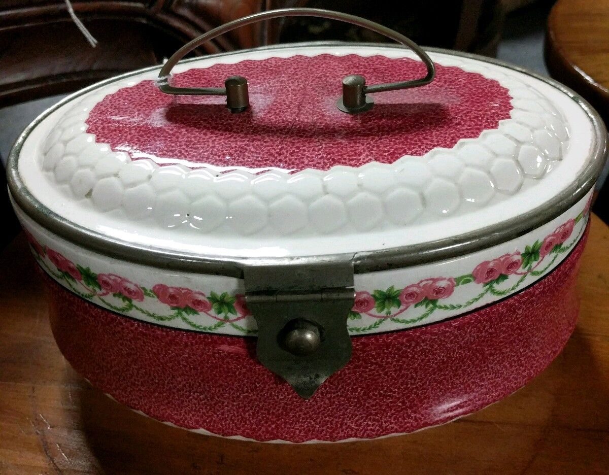 Antique English Porcelain RARE Biscuit Basket w/Silver Plate Handle & Clasp Fab