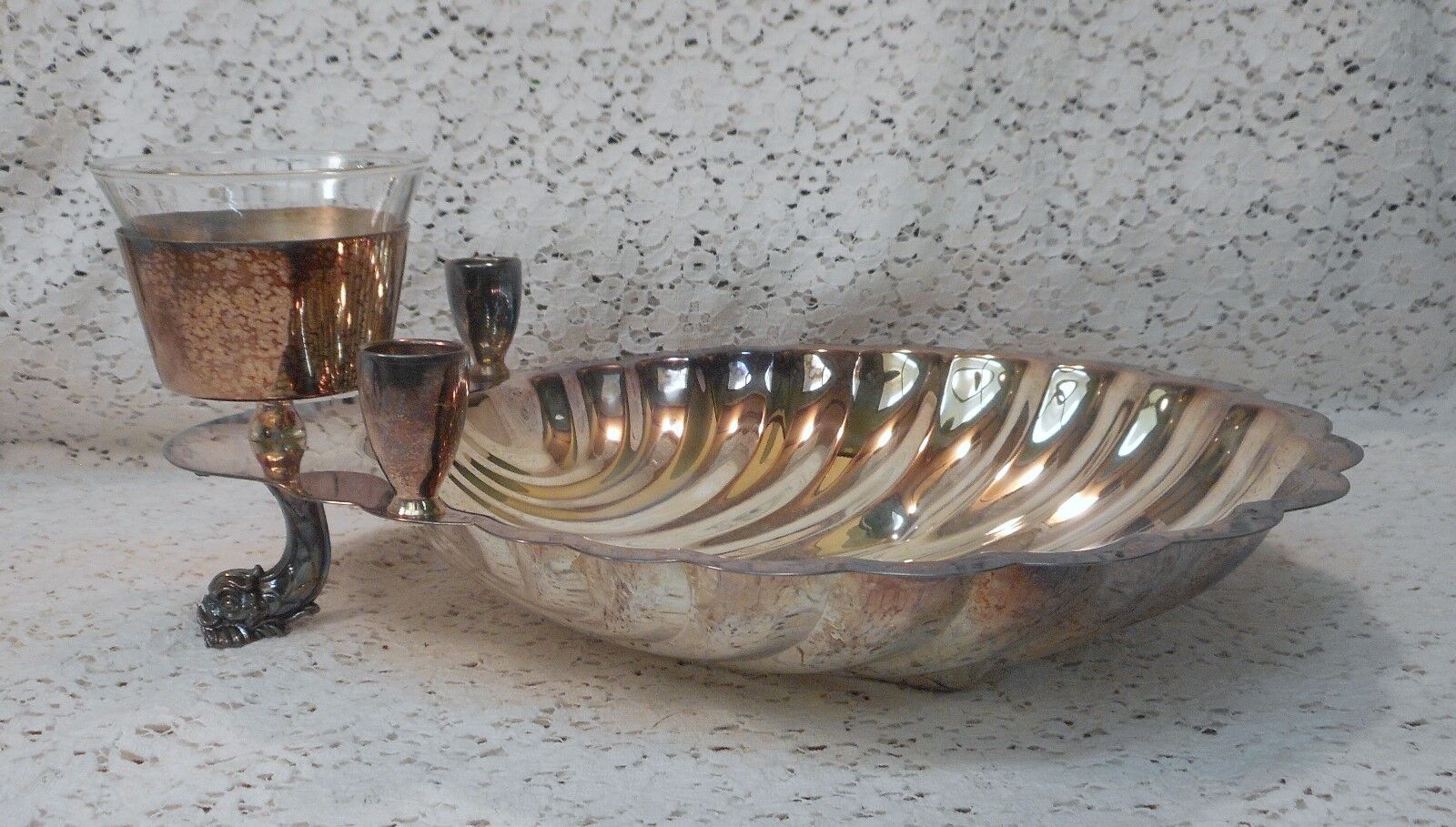 Silverplate Sea Shell Serving Bowl Platter w/Fish Foot & Taper Candle Holders 