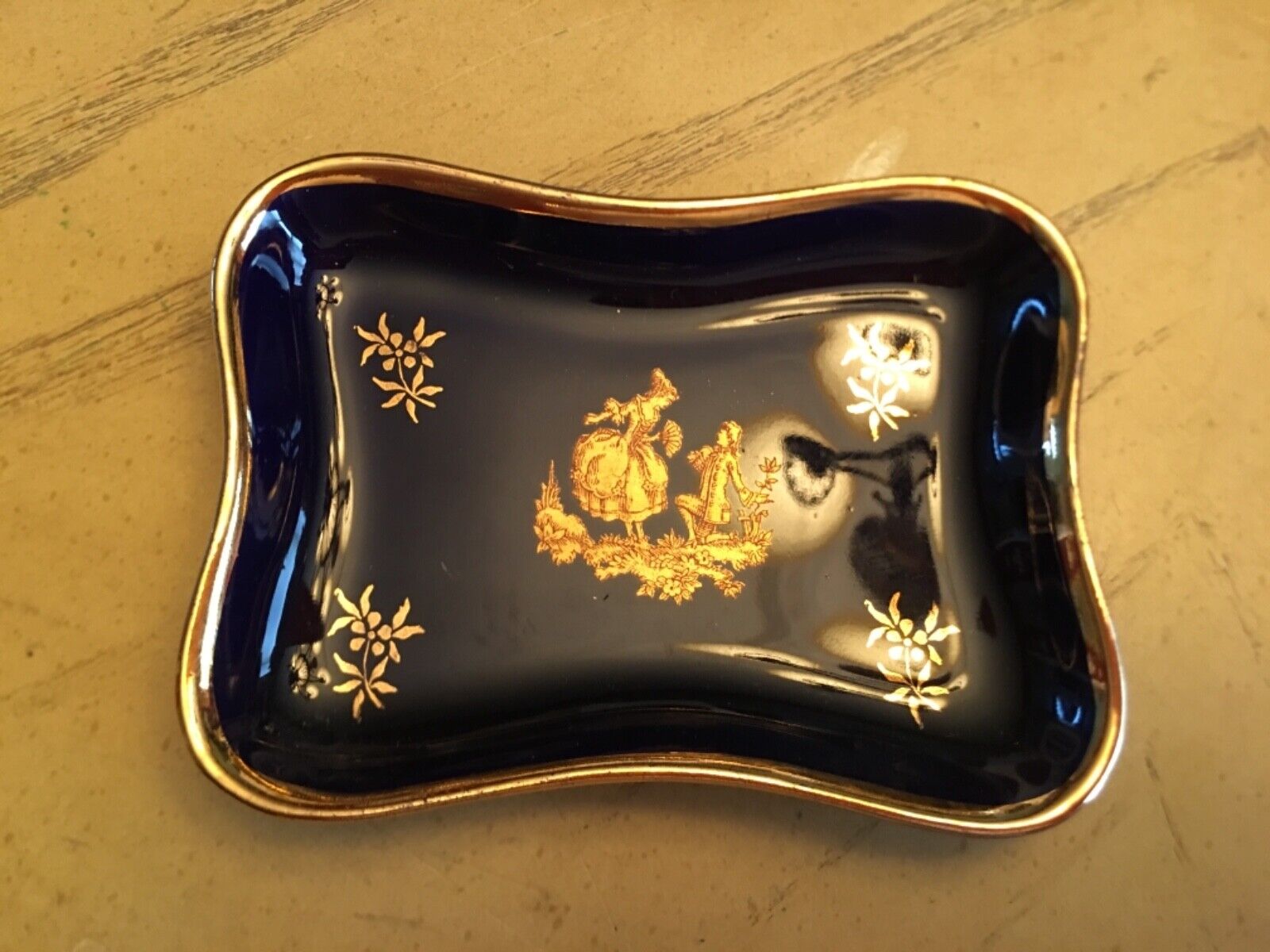 Vtg Limoges France Miniature Plate Tray Courting Couple Blue Gold 3 5/8  x 2 3/4