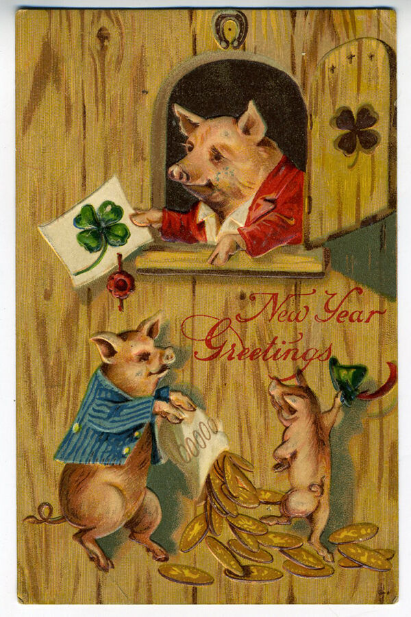 Wonderful 1910 Embossed New Years Greeting Card with 3 Adorable Pigs