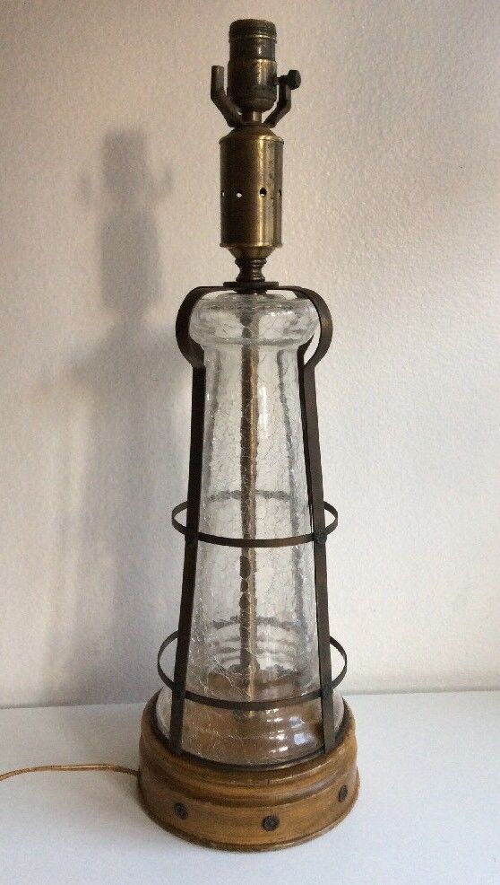 Vintage Arts And Crafts Crackle Glass Iron Cage Lighthouse Lamp Wood Base