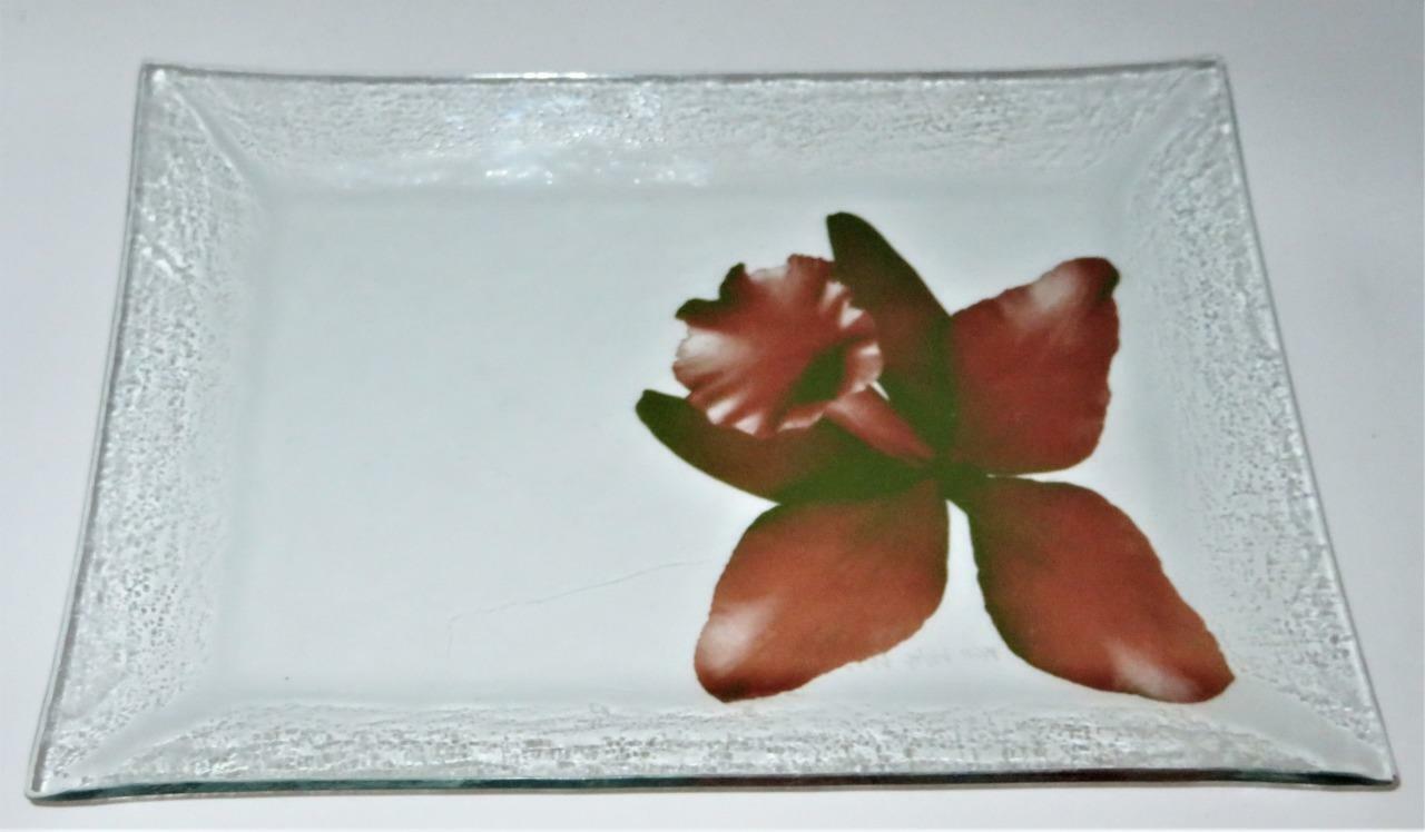 Vintage ANNIEGLASS Rectangular Platter with Orchid 10\