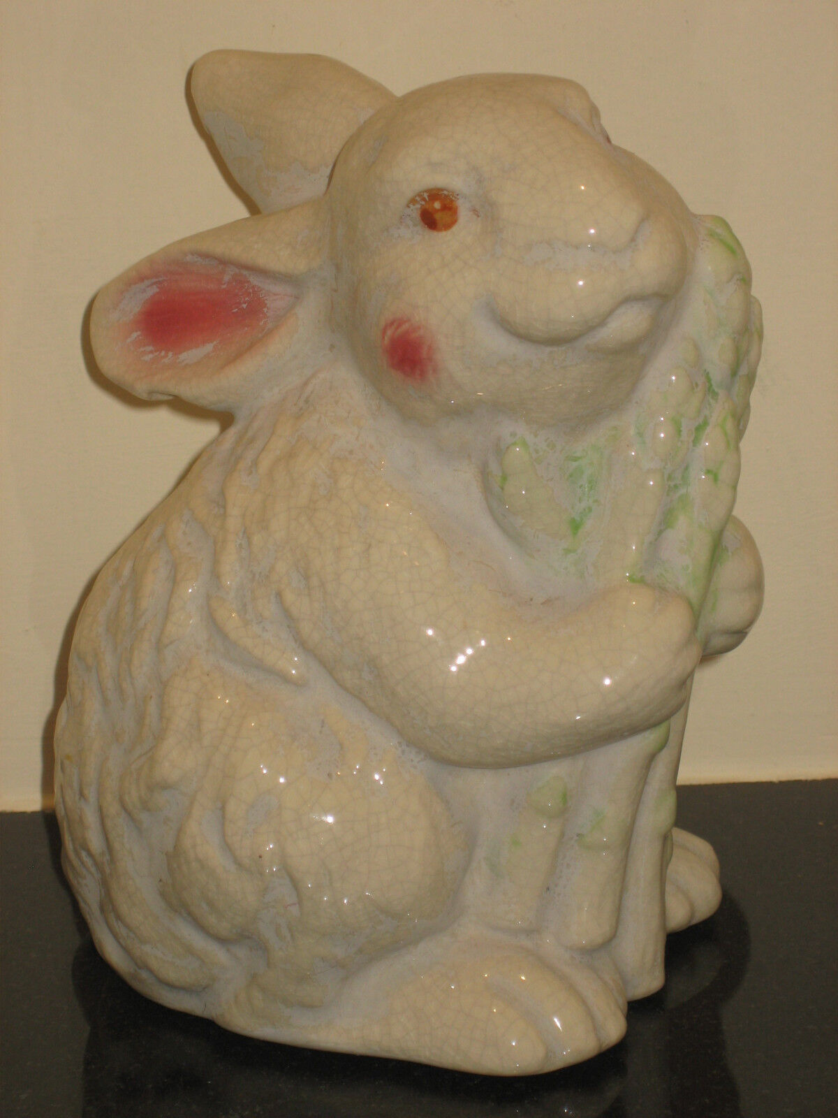 Adorable Majolica Style Bunny Sculpted Rabbit with Asparagus Ceramic Easter NICE