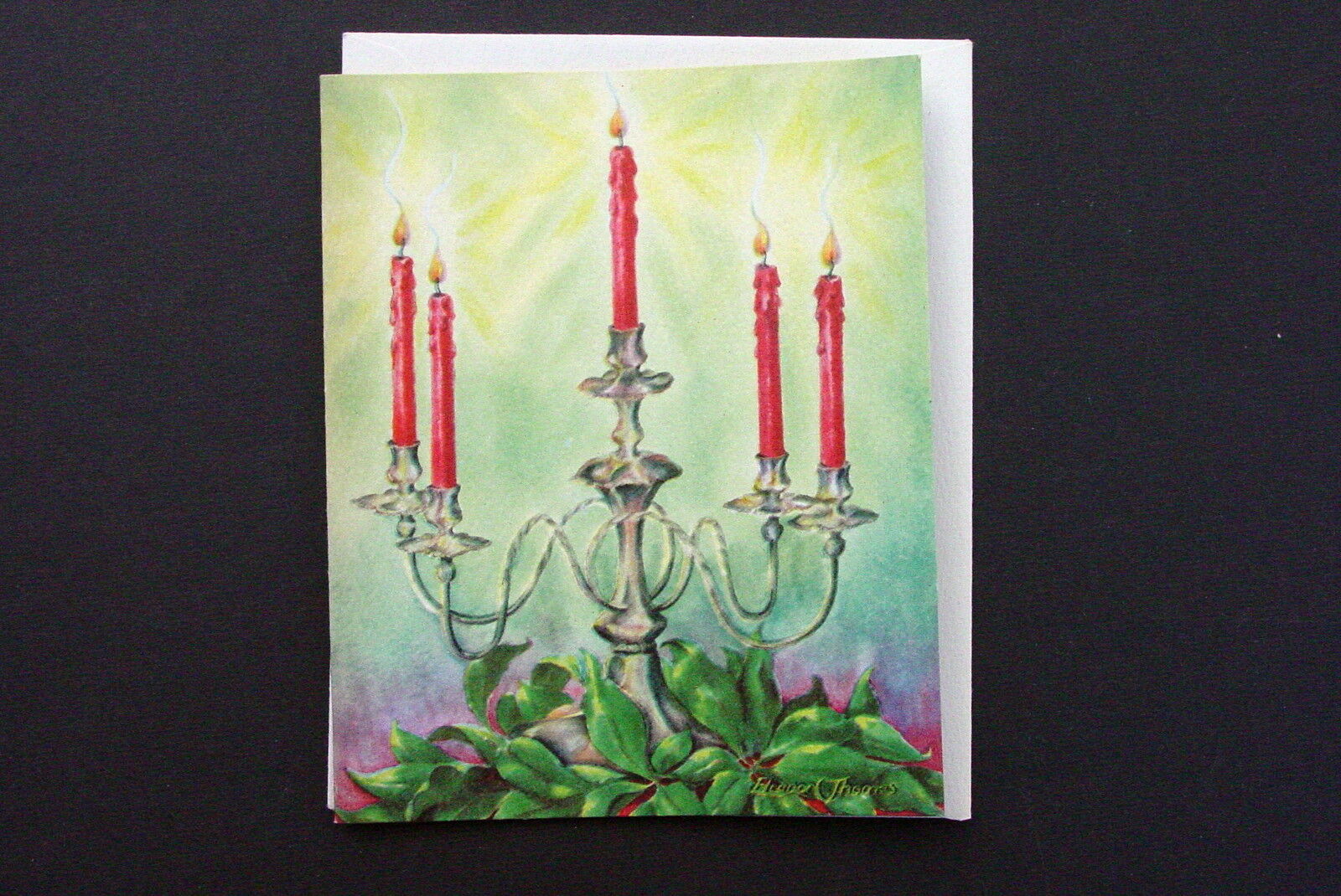 # I 62- Vintage Unused Eleanor Thomas Xmas Greeting Card Holiday Candelabra