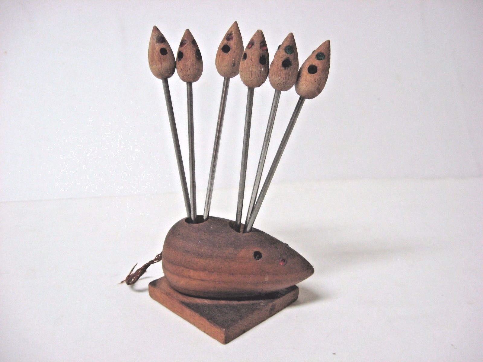 VTG Lot 6 mouse picks 1 mouse holder Jewels Hand carved AS IS Cryptomeria wood? 