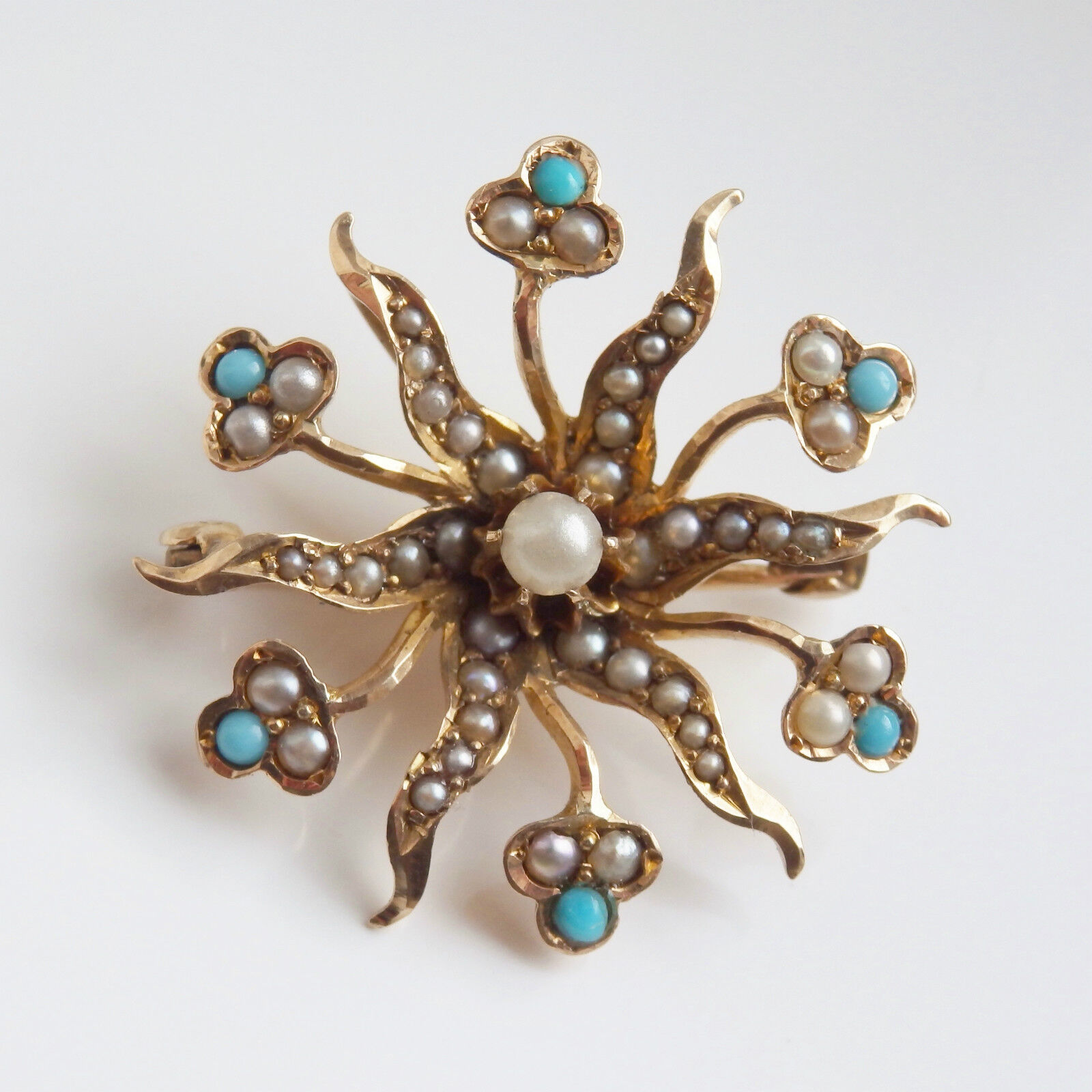 Antique Victorian 9ct Gold Turquoise & Pearl set Floral Brooch Pendant c1895