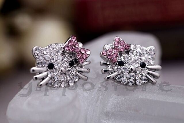 Hello Kitty Pink Bow Silver Tone CZ Stud Hip Hop Bling Earrings