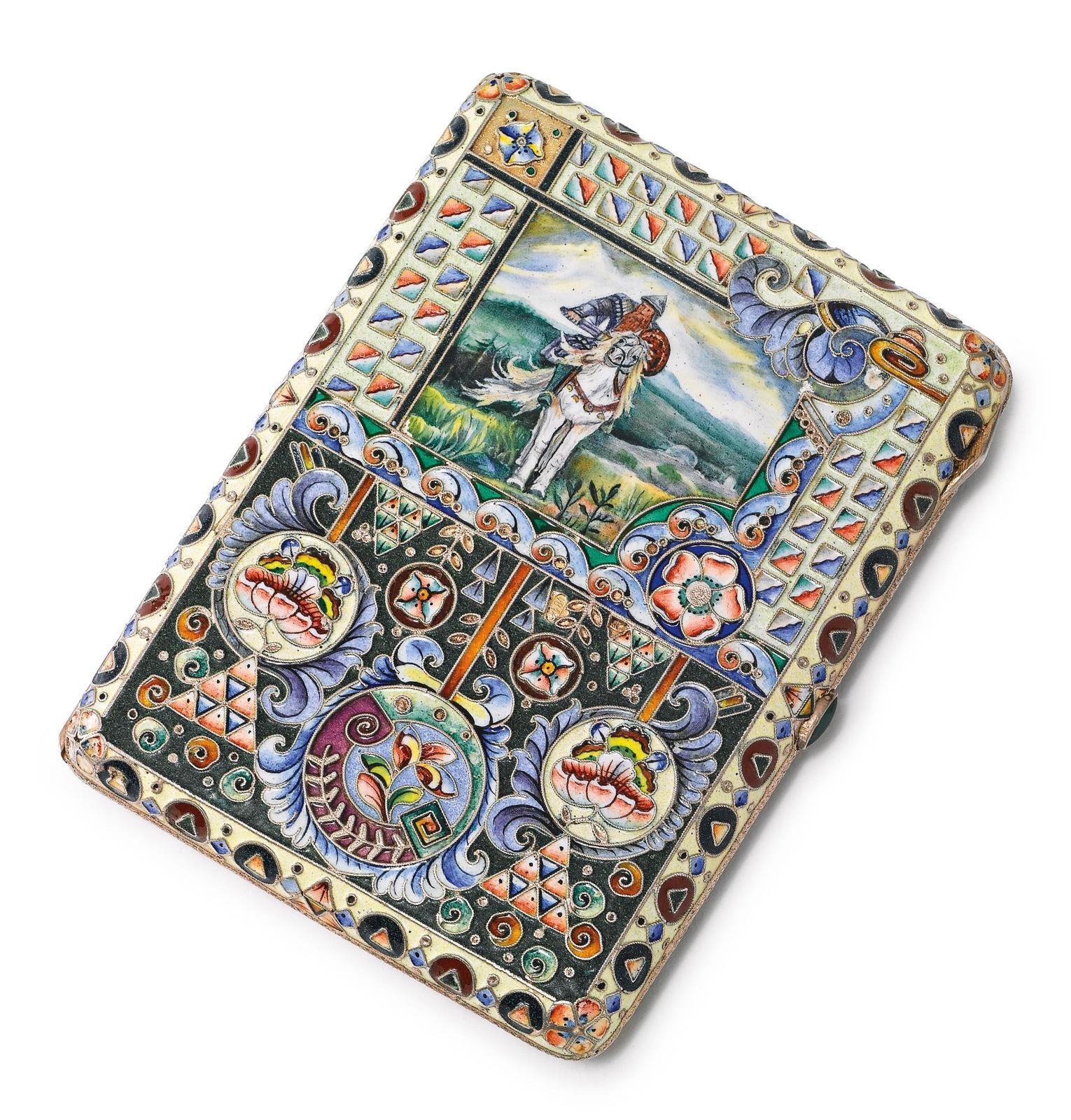 A RUSSIAN GILDED SILVER, SHADED AND PICTORIAL ENAMEL CIGARETTE CASE, KONSTANT...