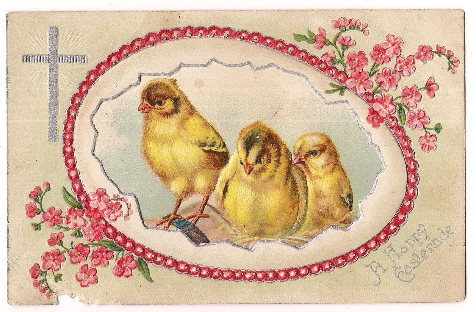 Happy Eastertide 3 Chicks Cracked Egg Pink Flowers EASTER  Postcard Vintage 
