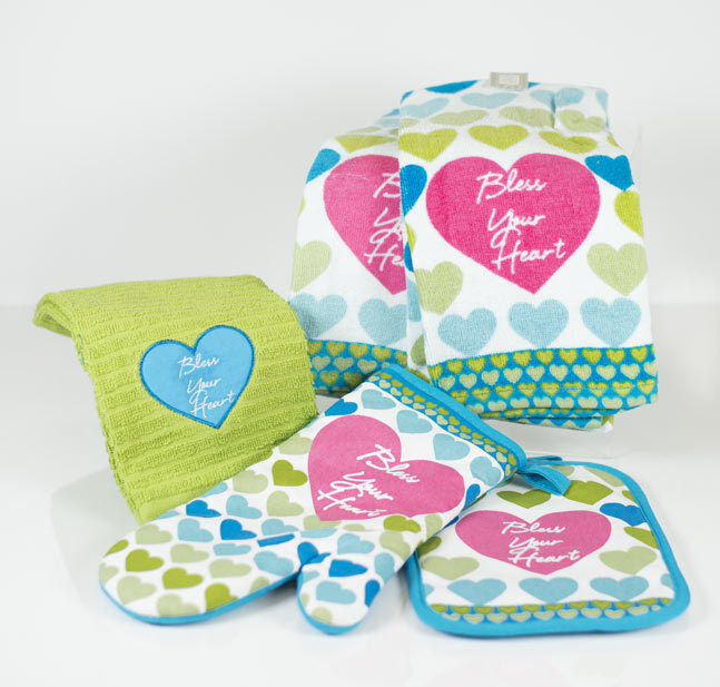 Bless Your Heart Southern Oven Mitt, Hot Pad, and Dish Towel, Set of 5 