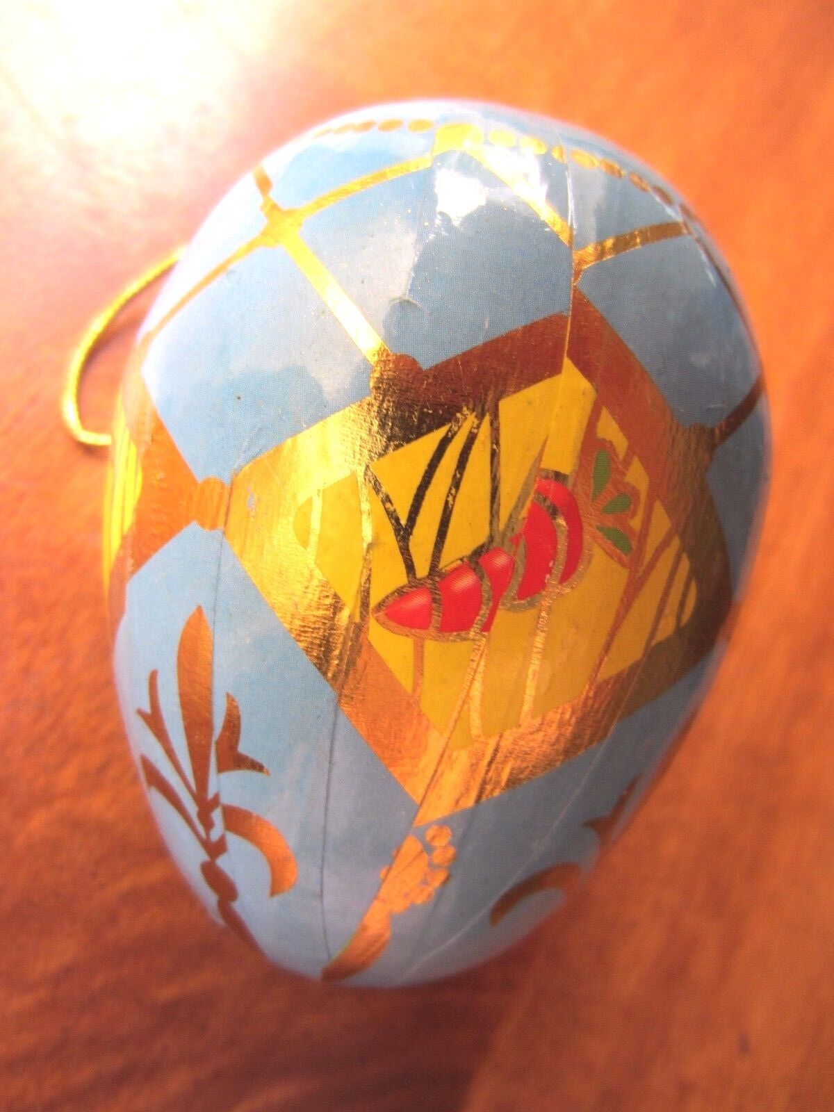 Collectible Decoupage Egg Ornament, blue w/carrots & gold guild, 3.5\