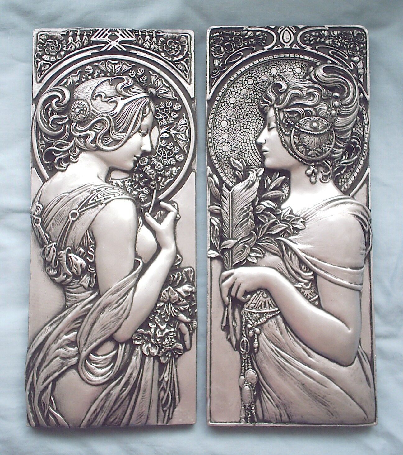 Larger Art Nouveau /deco mucha style plaster wall plaques silver effect