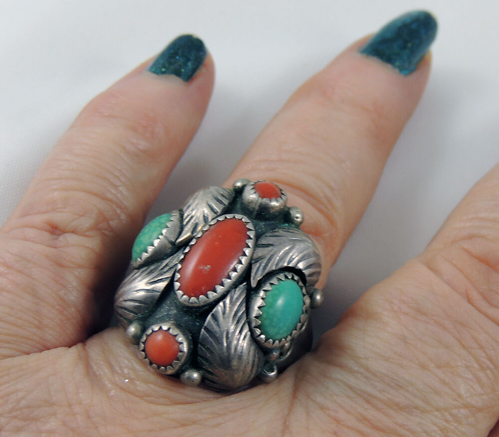 Navajo Very Old Gorgeous Coral Foliate Turquoise Ring Sz 12 30.1g Sterling .925