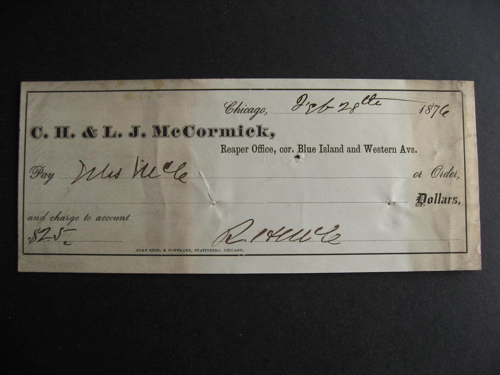 Check signed by financier Robert Hall McCormick Feb 28 1876 