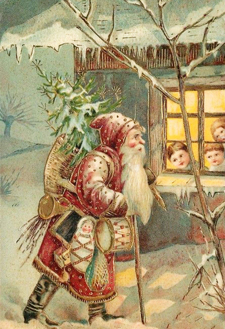 Old Time Santa Children in Christmas window vintage art
