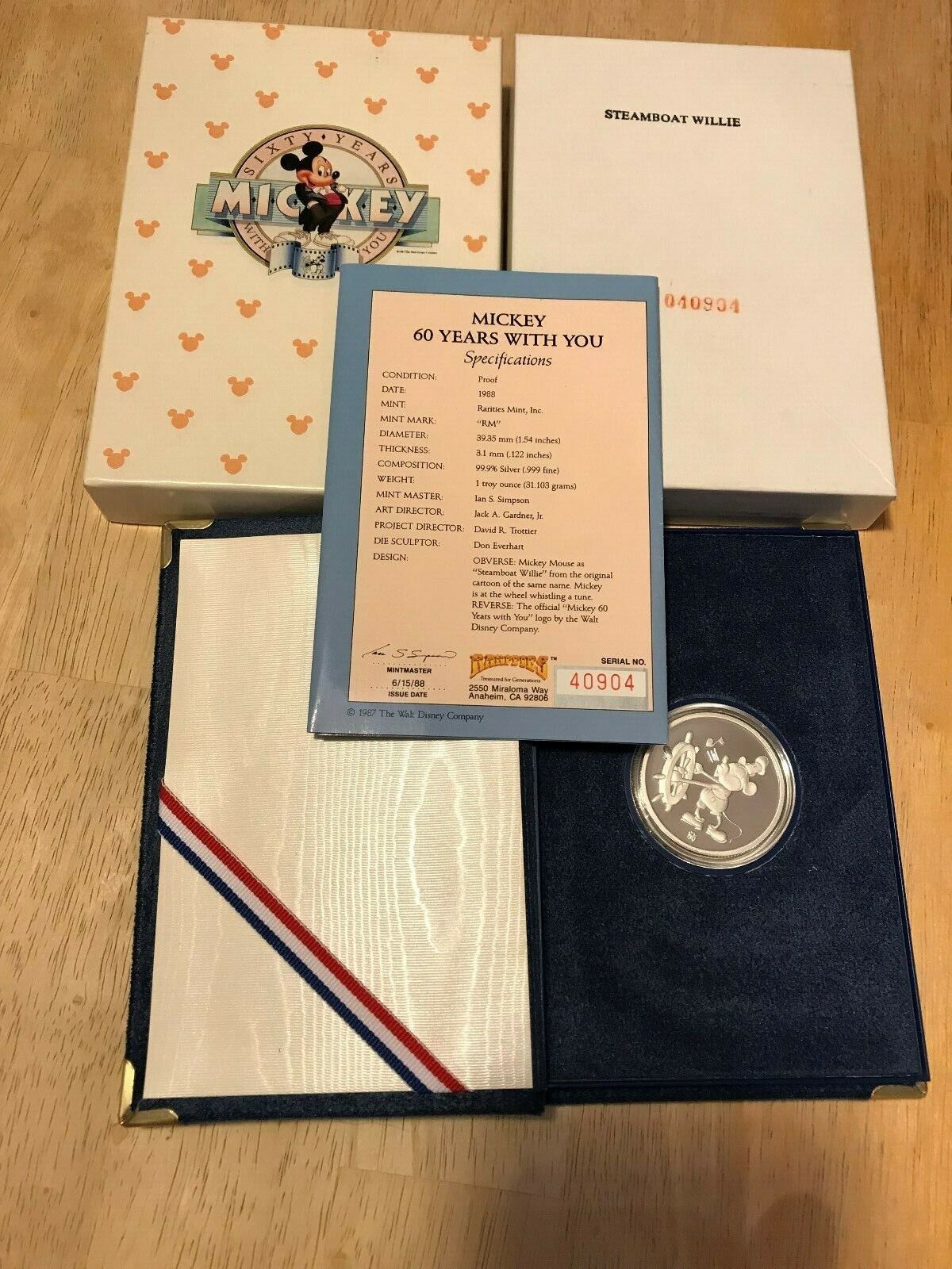 WALT DISNEY MICKEY MOUSE COMMEMORATIVE PROOF LIMITED EDITION 1988 .999 TROY OZ