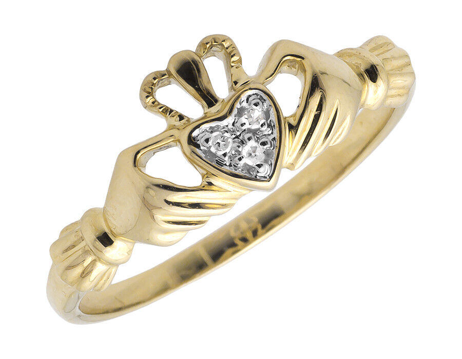 Ladies 10K Yellow Gold Hand Heart Crown Tiara Diamond Statement Ring 0.02ct