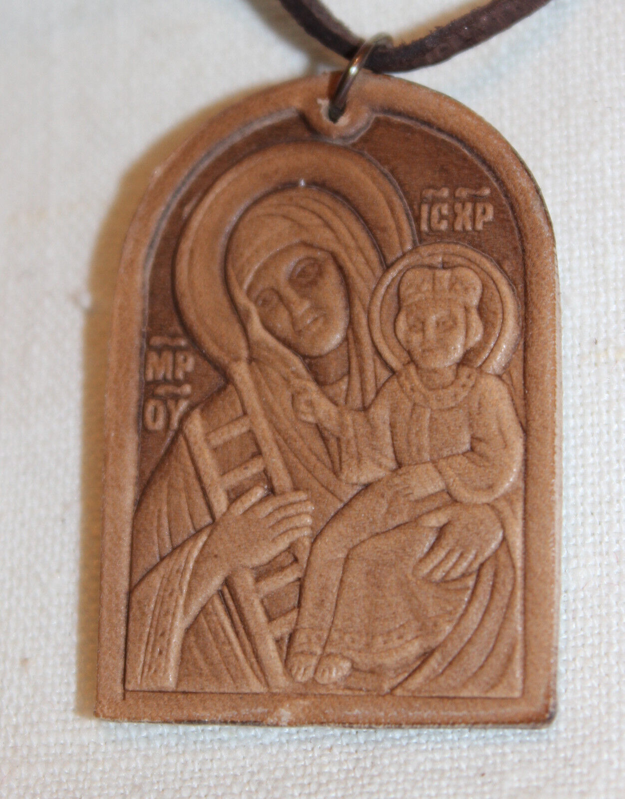 ORTHODOX BODY MEDALLION Leather Icon Mother Our Lady Virgin Mary Theotokos Putiv
